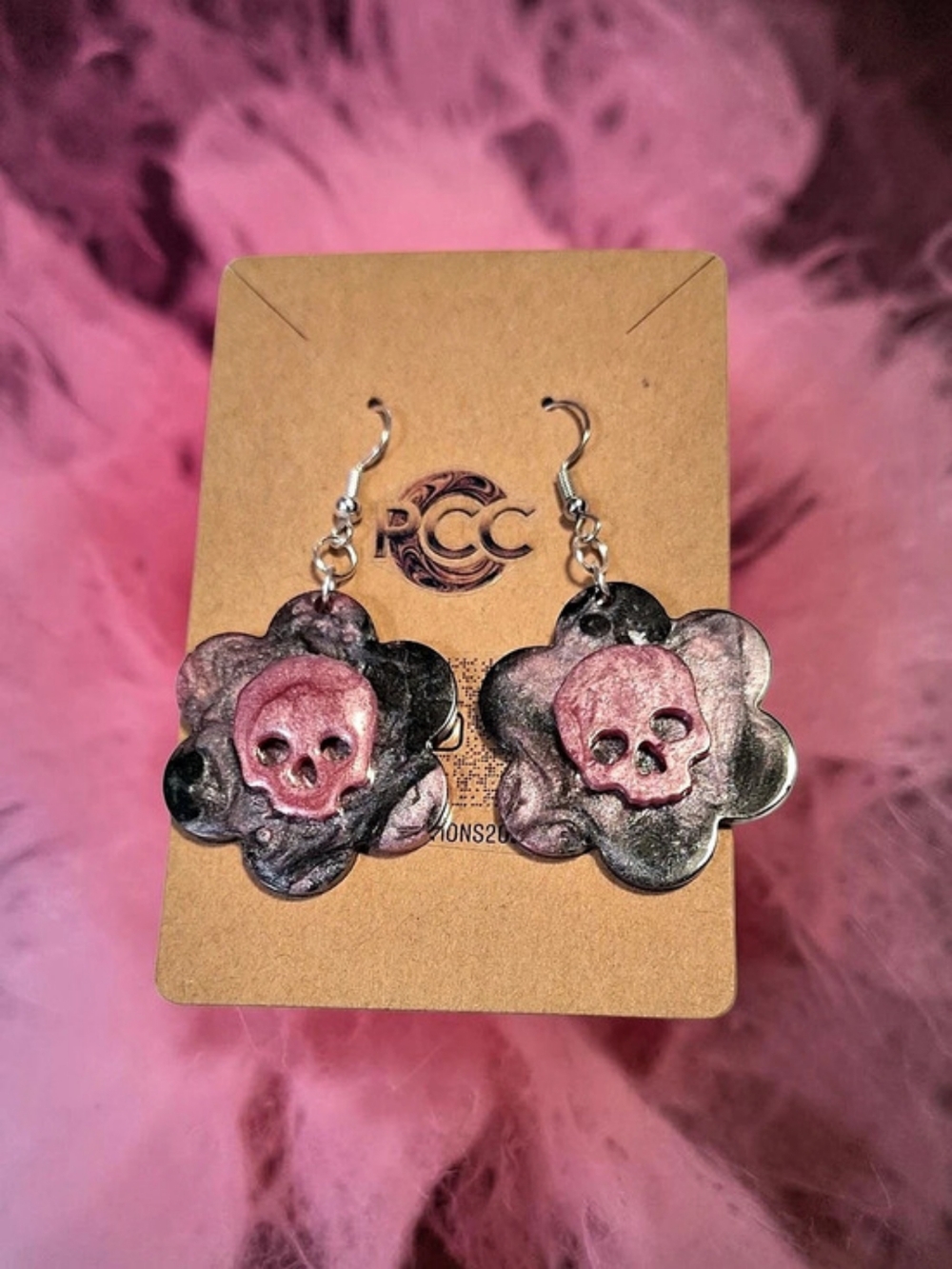 Creepy Cute Pink Metallic Skull Flower Earrings | Handmade Resin Dangles